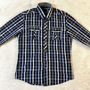 7 Diamonds Midnight Love Affair Button Down Navy Blue Plaid Men's Slim M‎ Shirt